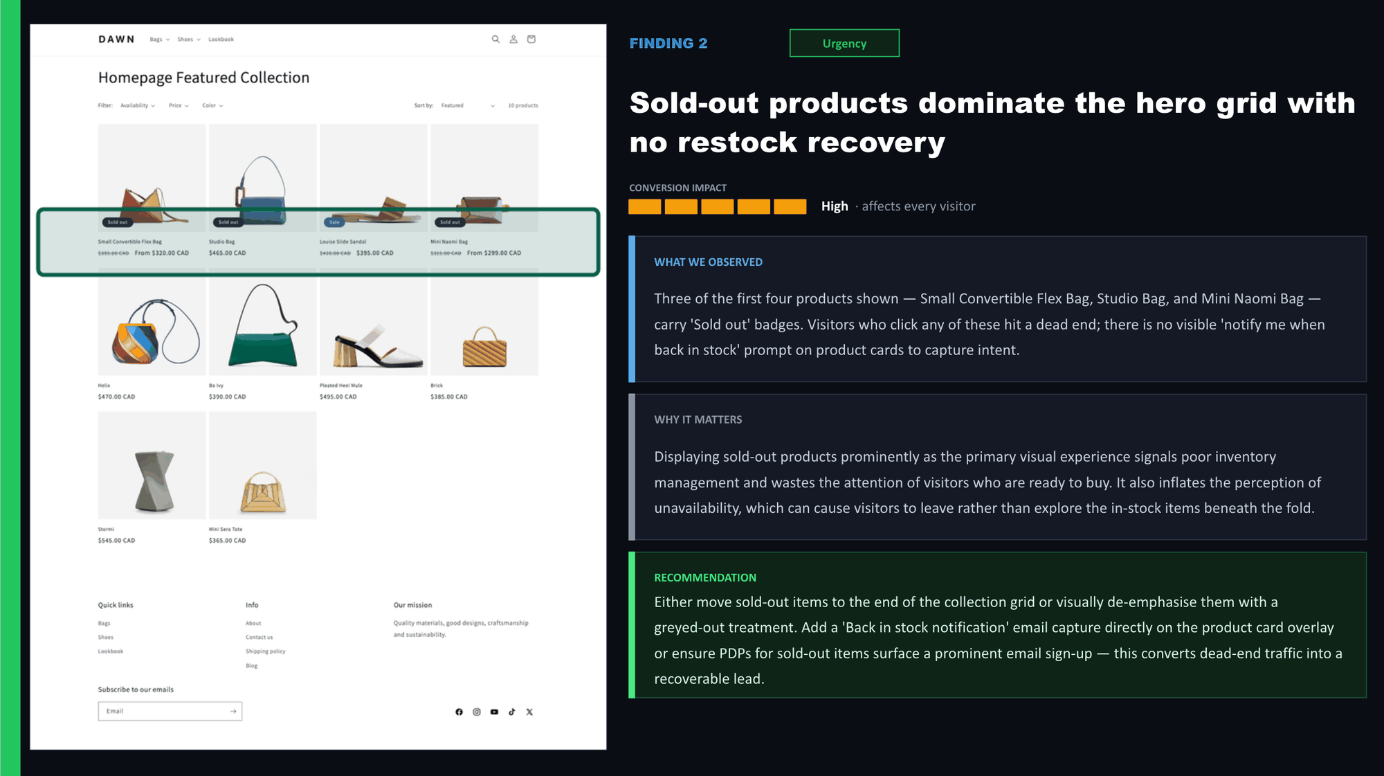 Example audit finding: a live Shopify store on the left with the exact issue highlighted, and the written analysis and recommended fix on the right.